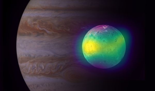 composite image showing Jupiter's moon Io in radio (ALMA)
