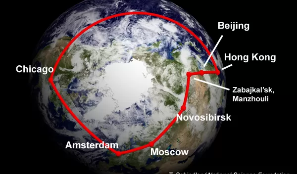 photo of the world with the Little GLORIAD network ring