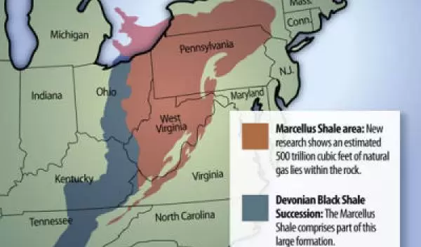 Map of U.S. East Coast showing the Marcellus shale and Devonian black shale succession.