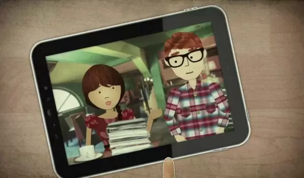 ipad showing two student characters