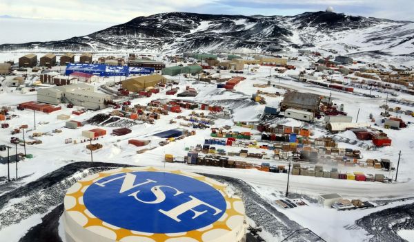 View of McMurdo Station in Antarctica in the snow.