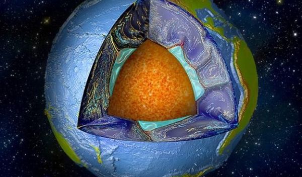 artist's rendition of Earth, cut away to reveal individual layers