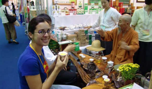 Photo of cultural anthropologist Margie Serrato learning how to properly drink tea in South Korea.