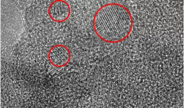 Transmission electron microscopy image of titanium dioxide rafts on a surface of silica.