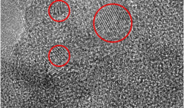 Transmission electron microscopy image of titanium dioxide rafts on a surface of silica.