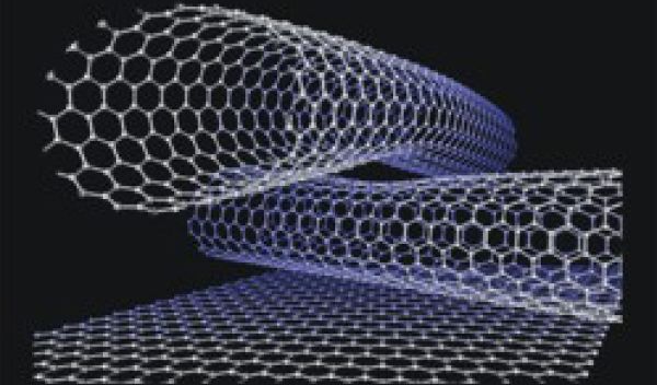ball and stick model of two crossing carbon nanotubes on a graphite surface.
