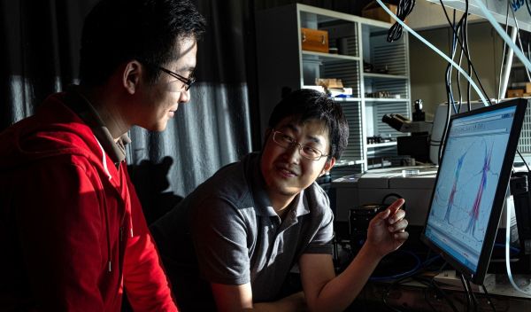 graduate student Xinwei Li, left, and postdoctoral researcher Weilu Gao