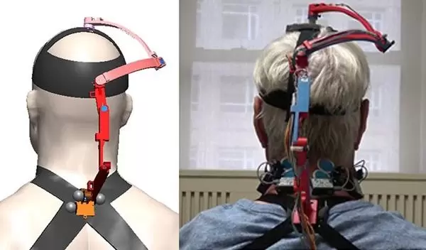 Schematic of the new robotic neck brace and a picture of a subject using the brace.