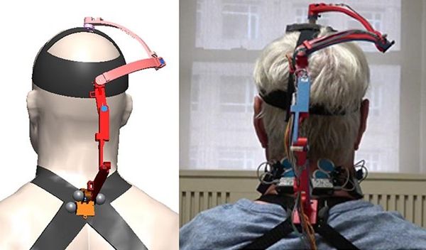 Schematic of the new robotic neck brace and a picture of a subject using the brace.