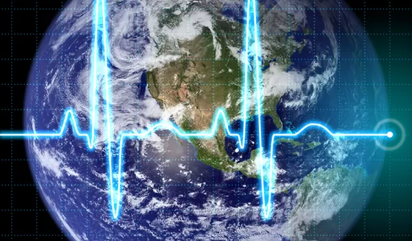 showing the earth with an EKG-like signal