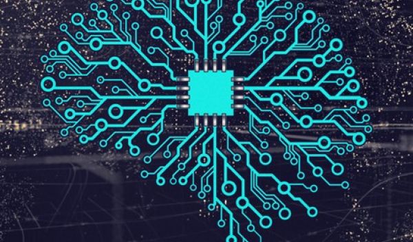 A rendering of an artificial neural network with a computer chip in the center