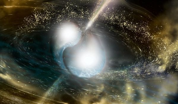 An artistâs depiction of Earth among the cosmic chaos of a collision between neutron stars.