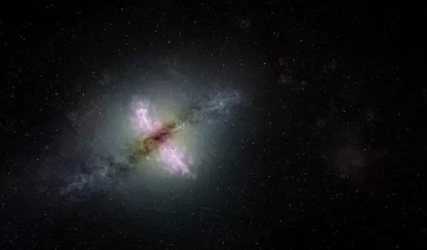 Artist's conception of a galaxy with an active nucleus propelling jets of material outward