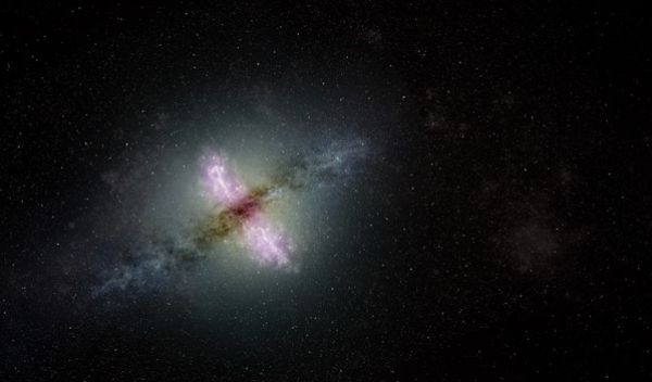 Artist's conception of a galaxy with an active nucleus propelling jets of material outward
