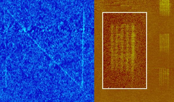 The new nanofountain probe produced these patterns; features are as thin as 40 nanometers