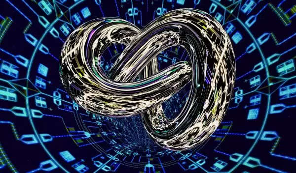 In this rendering, a trefoil knot, an iconic topological object, is shown coming out of a tunnel with an image of superconducting qubit chips reflected on its surface.