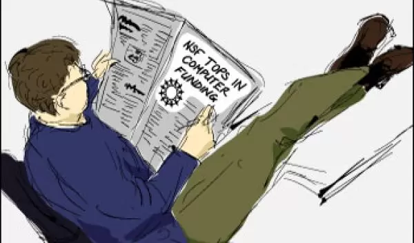 Man reading newspaper with headline NSF Tops in Computer Funding