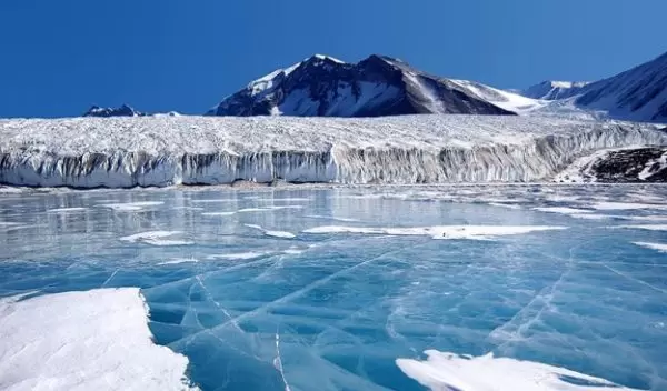 blue ice covering Lake Fryxell in the Transantarctic Mountains