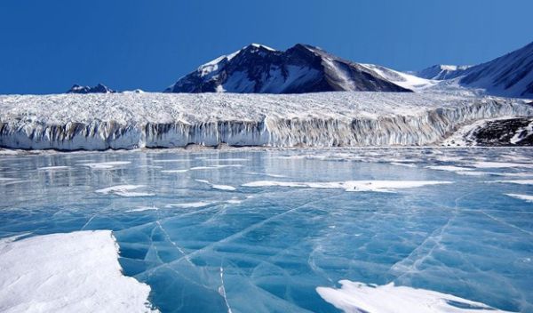 blue ice covering Lake Fryxell in the Transantarctic Mountains