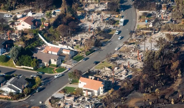 Photo of a California neighborhood devastated by a wildfire in October 2007.