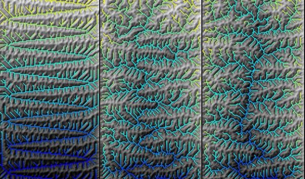 three panels show a river network's evolution