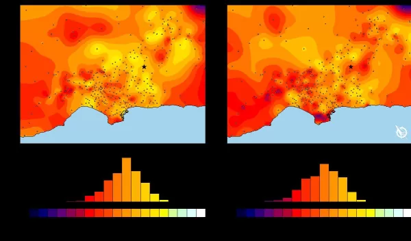 chart comparing SCEC simulations to observations from the 2008 Chino Hills earthquake.