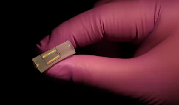 A gloved hand holding a COVID-19 sensor