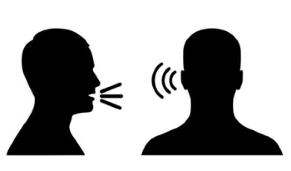 Illustration conveying one person speaking and a second person listening.