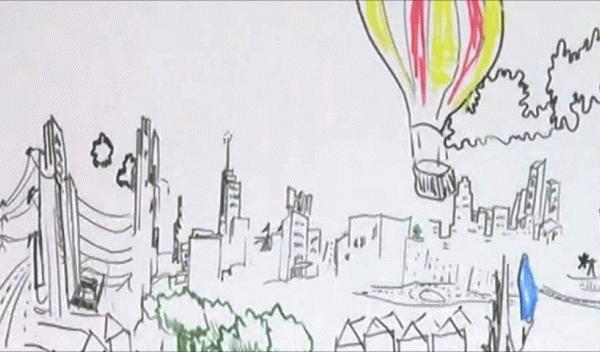 Drawing of a town and balloon