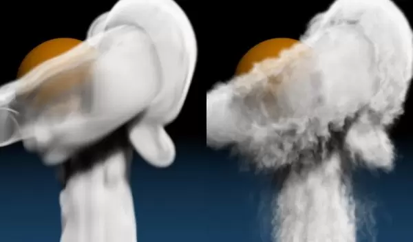 comparison of low-resolution smoke flow with one using Wavelet Turbulence