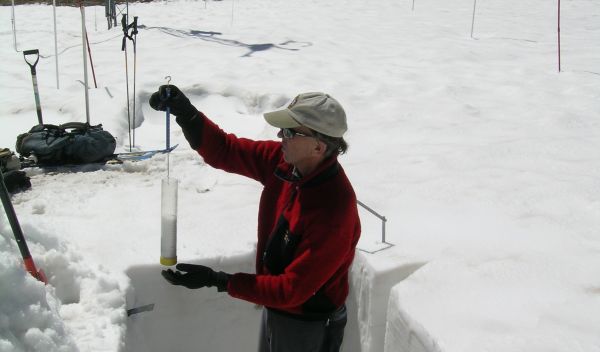 Photo of CSAS Director Chris Landry measuring snow water equivalence in a snowpit.