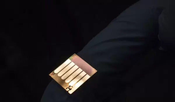A close-up image of a polymer solar cell developed by Jinsong Huang