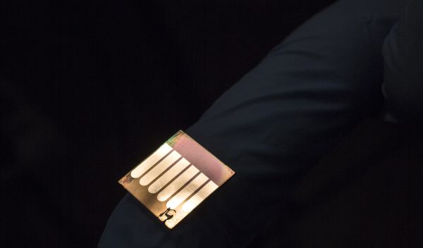 A close-up image of a polymer solar cell developed by Jinsong Huang