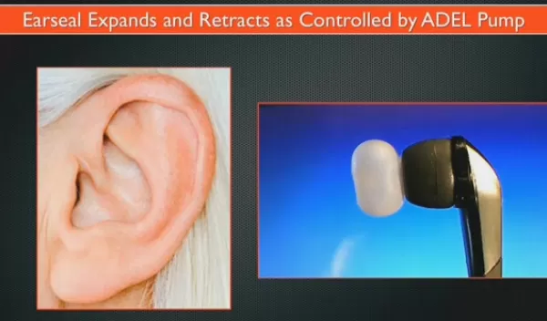 Graphic image showing a new ear bud and a human ear.