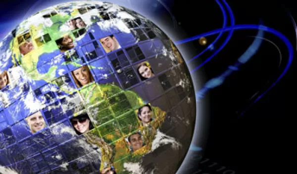 Illustration showing a globe connecting people's faces