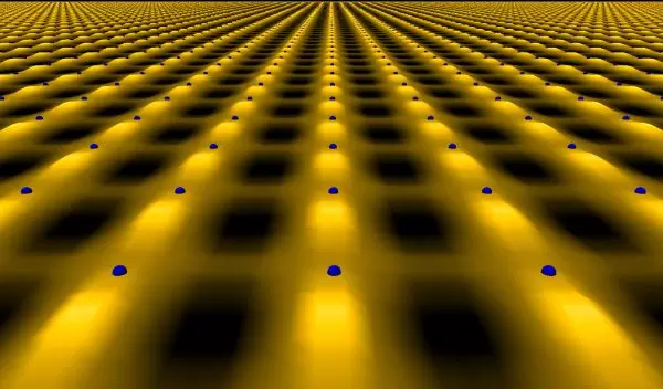 Graphic simulation of electron cloud in layer of copper oxide in a cuprate superconductor.