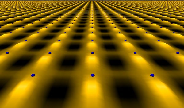 Graphic simulation of electron cloud in layer of copper oxide in a cuprate superconductor.