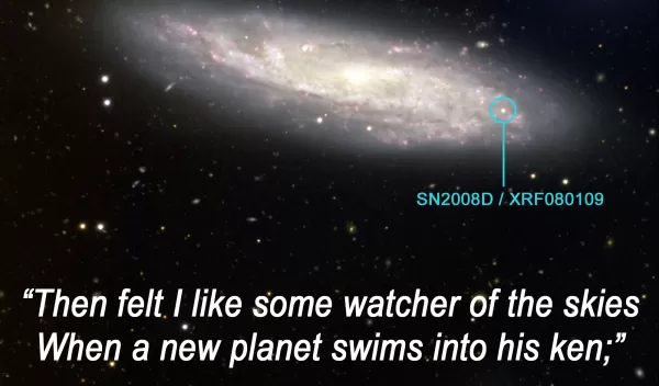 Photo of galaxy NGC 2770 showing location of star and lines from John Keats' poem.