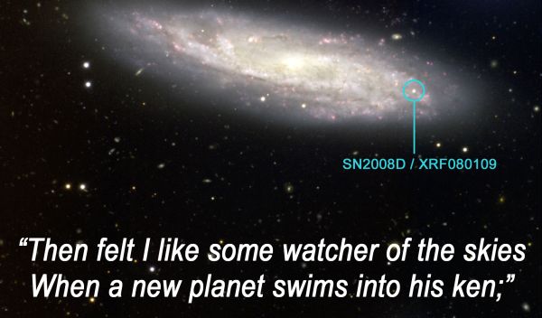 Photo of galaxy NGC 2770 showing location of star and lines from John Keats' poem.