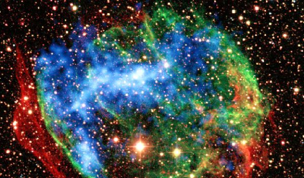 Composite image of supernova remnant W49B showing a barrel-shaped nebula.