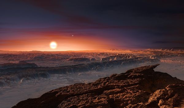 artist's impression shows a view of the surface of the planet Proxima b