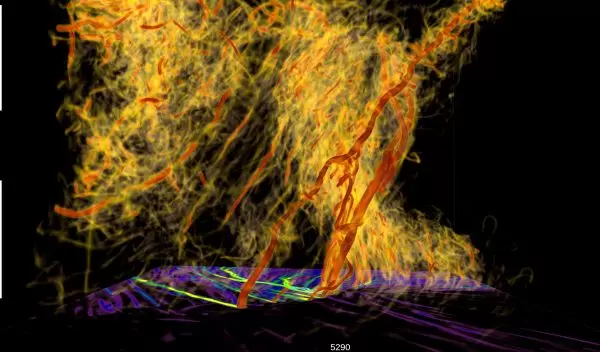 the vorticity field of a multiple vortex EF5 tornado embedded within a supercell thunderstorm