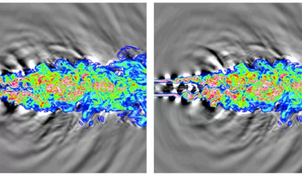 Small, well-timed disturbances added to uncontrolled turbulent jet result in quiet, controlled jet.