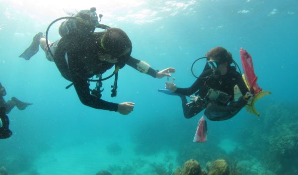 Scientists Dusty Kemp and Meredith Meyers under water in the Florida Keys.