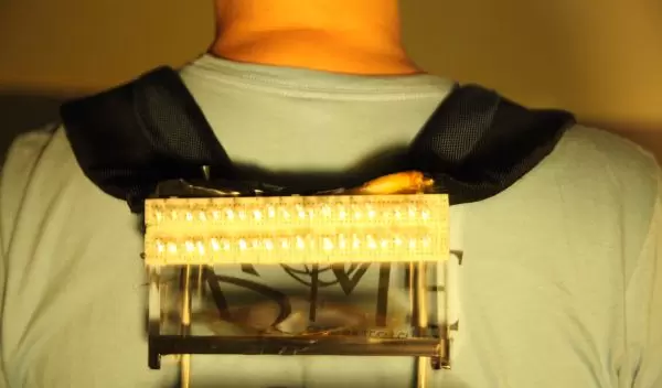 back of a man with a  self charging backpack