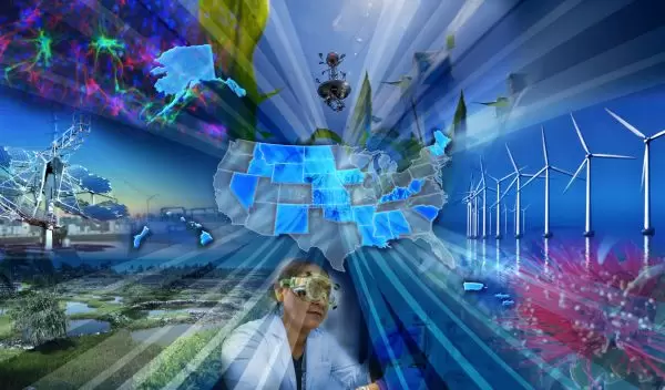 Renewable energy sources displayed around a map of the United States.