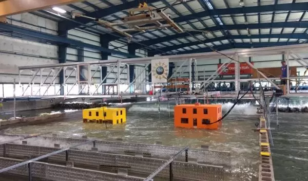Wave damage testing at OSU's O.H. Hinsdale Wave Research Laboratory.
