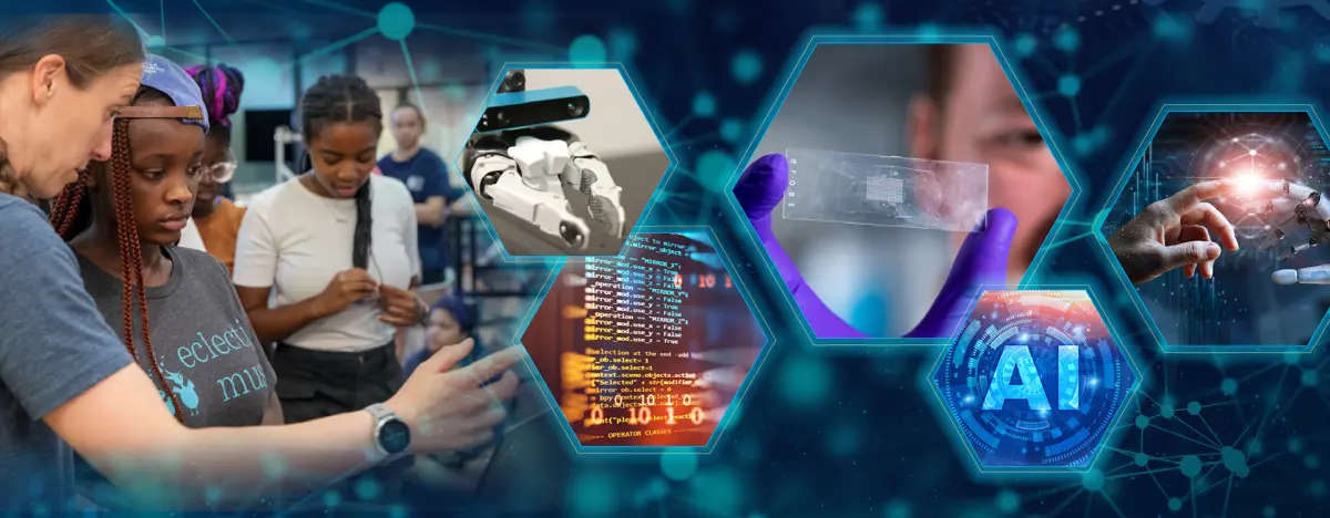 An image conveying AI in education. There is a teacher standing next to a student pointing out something. Several panels highlight AI along the right.