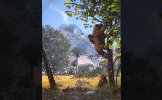 Artist's rendering of a woodland reconstruction with Morotopithecus bishopi climbing with an infant and juvenile.