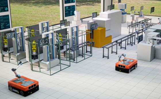 A 3D computer rendering of a laboratory with orange robots and equipment in rows.